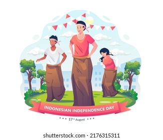 People celebrate Indonesian Independence Day by participating in Sack Race Competition or Lomba Balap karung on the 17th August. Vector illustration in flat style