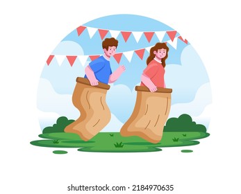 People celebrate Indonesian Independence Day with participating in Sack Race Competition or Lomba Balap Karung at 17 august.
Vector cartoon illustration Indonesia Independence Day.
Poster, banner, web