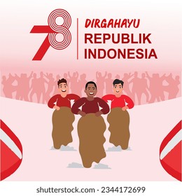 People celebrate Indonesian Independence Day with participating in Sack Race Competition or Lomba Balap Karung at 17 august. Vector cartoon illustration Indonesia Independence Day. Poster, banner, web