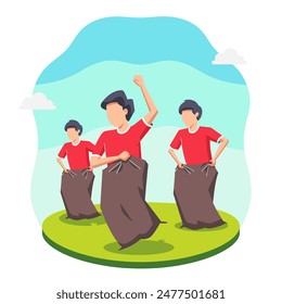 People celebrate Indonesian Independence Day by participating in Sack Race Competition or Lomba Balap karung on the 17th August.