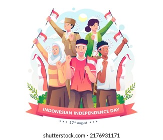 People celebrate Indonesia's independence day by each raising the red and white Indonesian flag. Indonesia independence day on August 17th. Vector illustration in flat style