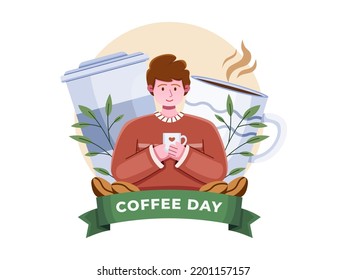 People Celebrate International day of coffee illustration on 1 October.
Happy International Coffee Day.
Can be used for greeting card, poster, banner, web, social media, flyer, etc