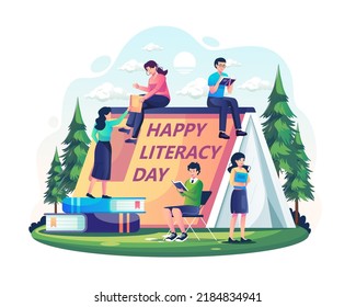 People celebrate International Literacy day by relaxing while reading books in a book-shaped tent. Vector illustration in flat style