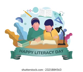 People celebrate international literacy day and happy student day by working on computers and reading books