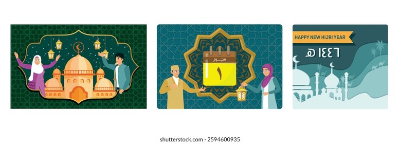 People celebrate the Islamic New Year. Islamic calendar and lantern. Islamic New Year greeting card featuring a mosque and crescent moon. Happy New Hijri Year concept. Set flat vector illustration.