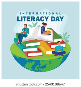 People celebrate Literacy Day by reading books. Reading books increases insight and knowledge. Happy Literacy Day concept. Flat vector illustration.