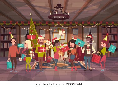 People Celebrate Merry Christmas And Happy New Year Men And Women Wear Santa Hats Hold Gift Boxes Holiday Eve Party Concept Flat Vector Illustration