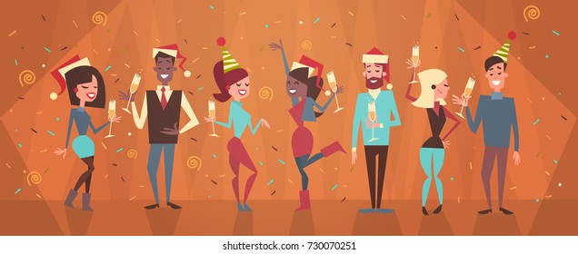 People Celebrate Merry Christmas And Happy New Year Men And Women Wear Santa Hats Holiday Eve Party Concept Flat Vector Illustration