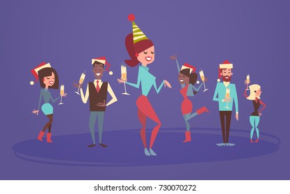 People Celebrate Merry Christmas And Happy New Year Men And Women Wear Santa Hats Holiday Eve Party Concept Flat Vector Illustration