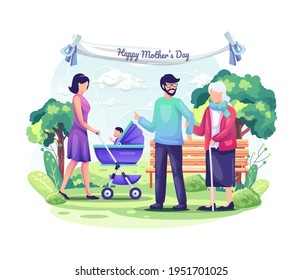 People Celebrate Mother's Day with their children and family walking in the city park. flat vector illustration