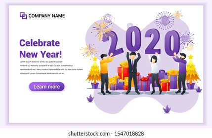 People celebrate the New year by holding the symbol numbers 2020 near gift boxes, christmas tree and fireworks. Can use for web banner, poster, landing page, web template. Vector illustration