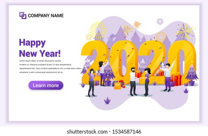 People celebrate the new year concept. People are celebrating the new year 2020 with gifts and fireworks. Can use for web banner, poster, landing page, web template. Vector illustration
