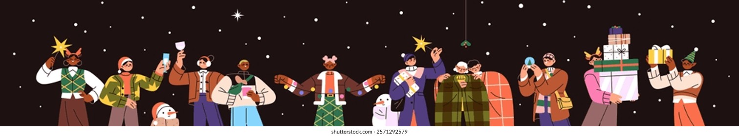People celebrate New Year outdoors in snow evening. Diverse characters are happy for Christmas. Men, women, couples, friends with sparklers, gifts, garland at winter holiday. Flat vector illustration