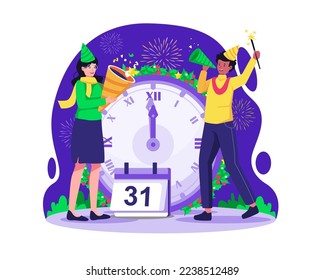 People celebrate new year's eve with a giant clock showing 12 o'clock at night. A Couple playing with firecrackers and fireworks. Vector illustration in flat style