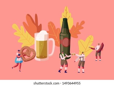 People Celebrate Oktoberfest Festival. Tiny Male and Female Characters in Traditional German Bavarian Costumes Trachten and Dirndl Hold Beer Mugs, Pretzels and Sausage Cartoon Flat Vector Illustration