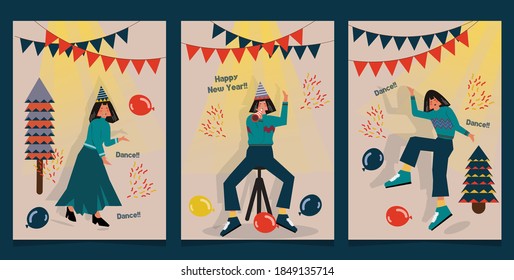 People celebrate a party. Woman cartoon character dance at new year or birthday parties. Vector illustration for banners, posters, invitation or greeting cards.