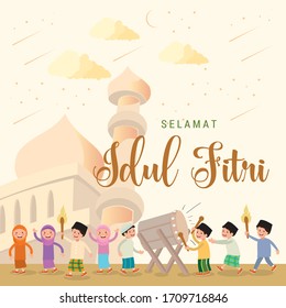 People celebrate Selamat Idul Fitri,  Means Happy Eid, the celebration of islamic day after fully fasting at ramadan month, Indonesian and Malaysian traditional celebration.