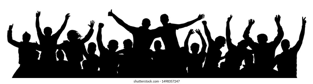 People Celebrate Silhouette. Crowd Cheer. Friends Background