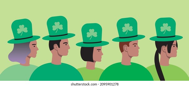 People celebrate st patrick's day. Flat vector stock illustration. Green as a symbol of saint patrick. A group of people in traditional clothes. Vector graphics