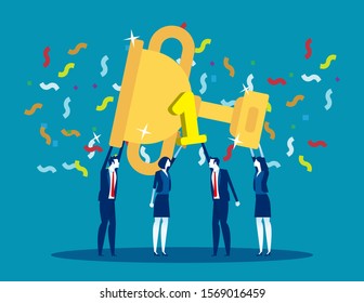 People celebrate success achievement and holding big goblet. Concept business successful vector illustration, Template