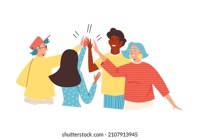 People celebrate success or friendship, flat vector illustration isolated on white background. Happy and diverse characters high five each other. Concept of togetherness and social communication.