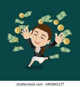 People celebrate success, running under money