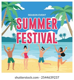 People celebrate the summer festival. Men and women dancing on the beach. Summer concept. Flat vector illustration.