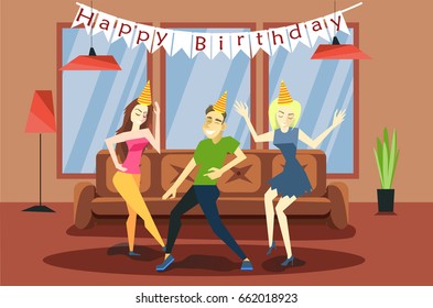People celebrate their birthday. Home party, friendship and fun. Cartoon characters are dancing. Flat style vector illustration