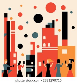 People celebrate together New Year and celebrate holidays outdoor. Salut on fresh air. Abstract geometric shapes. Linear flat vector illustration in bauhaus style