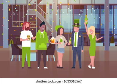 People Celebrate Traditional Saint Patricks Day Wearing Green Clothes And Drinking Beer Flat Vector Illustration
