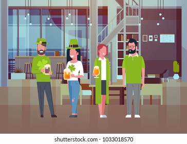 People Celebrate Traditional Saint Patricks Day Wearing Green Clothes And Drinking Beer Flat Vector Illustration
