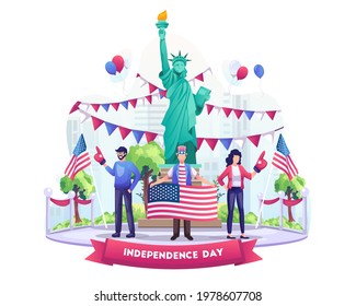 People celebrate US Independence Day with flags and balloons. Happy 4th of July US Independence Day. vector illustration