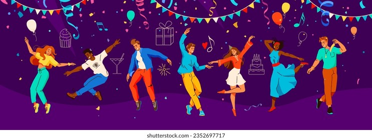 La gente celebra el fondo vectorial. Felices multitudes en fiestas de vacaciones. Amigos bailando, divirtiéndose juntos. Grupo de personajes de hombres y mujeres jóvenes, evento de celebración juvenil con alegría. Concepto de vida nocturna.