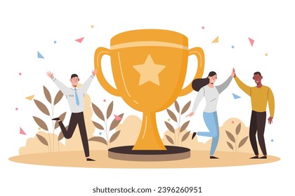 People celebrate victory with golden cup. Men and woman with goblet. Success and motivation, leadership. Successful teamwork. Cartoon flat vector illustration isolated on white background