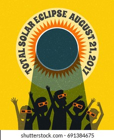 People Celebrate Watching The Solar Eclipse With Protective Glasses. Vector Banner, Card Or Poster Illustration.