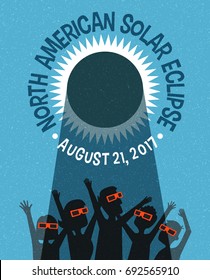 People Celebrate Watching The Solar Eclipse With Protective Glasses. Web Banner, Card Or Poster. Retro Style Vector Illustration.