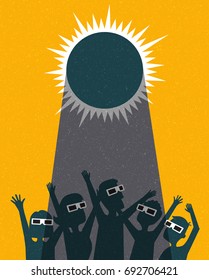 People Celebrate Watching The Solar Eclipse With Protective Glasses. Poster Template, Web Banner, Or Card. Retro Vector Illustration.