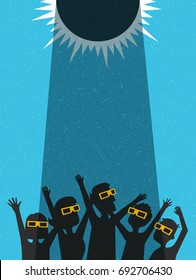 People celebrate watching the solar eclipse with protective glasses. poster template, web banner, or card. retro vector illustration.