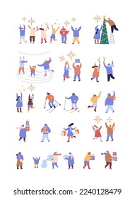 People celebrate winter Holidays flat vector collection. Happy New Year, Christmas. Winter outdoor activities. 