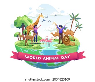 People Celebrate World Animal Day. Animals on the planet, Wildlife Day with the animals. Flat Vector Illustration