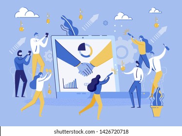 People Celebrates Signing Successful Contract. Group Man and Woman Rejoice in Lucrative Financial Contract Between Companies. Man Handshake on Laptop Screen. Employee Business Company. Corporate Party