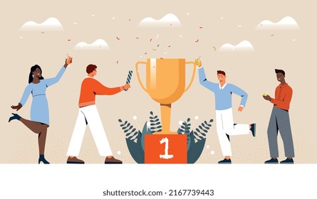 People celebrates success. Group of workers near golden cup. Men and girls with confetti. Goal achievement award, trophy or prize. Poster or banner for website. Cartoon flat vector illustration