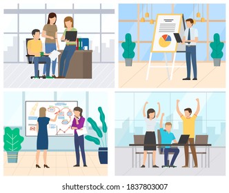 People celebrating achievement in business vector, man and woman hands up. Presentation on whiteboard, charts and diagrams. Conference meeting of partners
