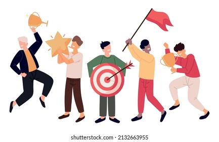 people celebrating achievement with flag and awards