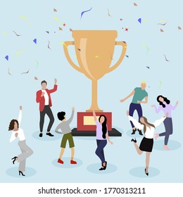 People celebrating around golden cup, successful team. Winner party with color confetti, team got success, businessman with prize, award and trophy, achieve goblet vector illustration