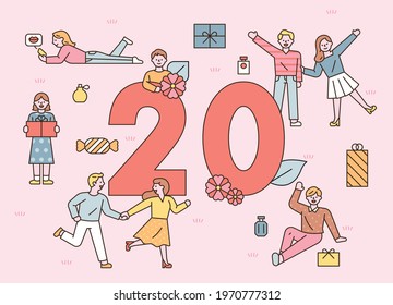 People are celebrating around the huge number 20. flat design style minimal vector illustration.