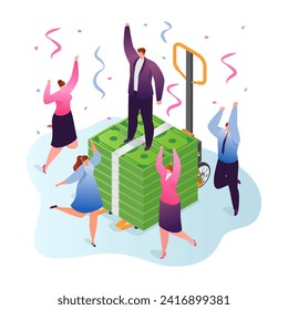 People celebrating around large stack of cash with businessman on top. Successful team enjoying financial achievement. Celebrating profit and teamwork success vector illustration.