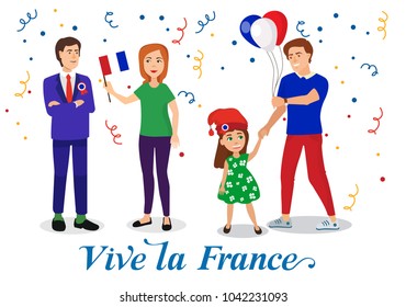 People Celebrating Bastille Day in France with Flags and Balloons. Cartoon Vector Illustration. Isolated characters.