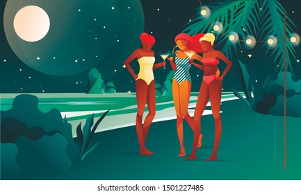 People Celebrating Beach Party Vacation - Banner or Poster Concept. Young Women Group having Fun on Summer Holiday at Sea or Ocean Coast and Moon Light Backdrop. Flat Vector Illustration Background.