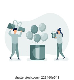 People celebrating birthday. Happy birthday party concept. Young woman holding gift and man carrying gift box lid. Huge present with flying balloons illustration